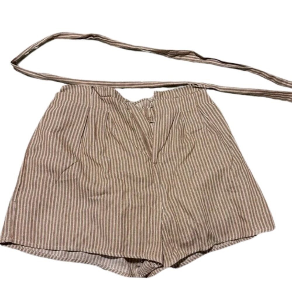 ☀️ Tan & White Striped Mid/High Waist Pants w/ Cloth Belt (Large)